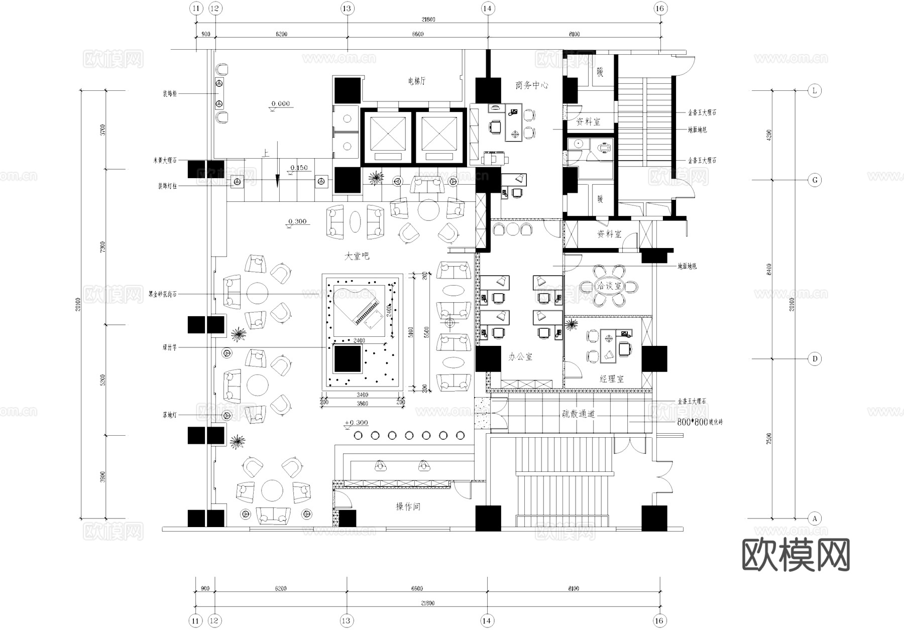 商务会所首层大堂室内工装平面CAD施工图cad施工图