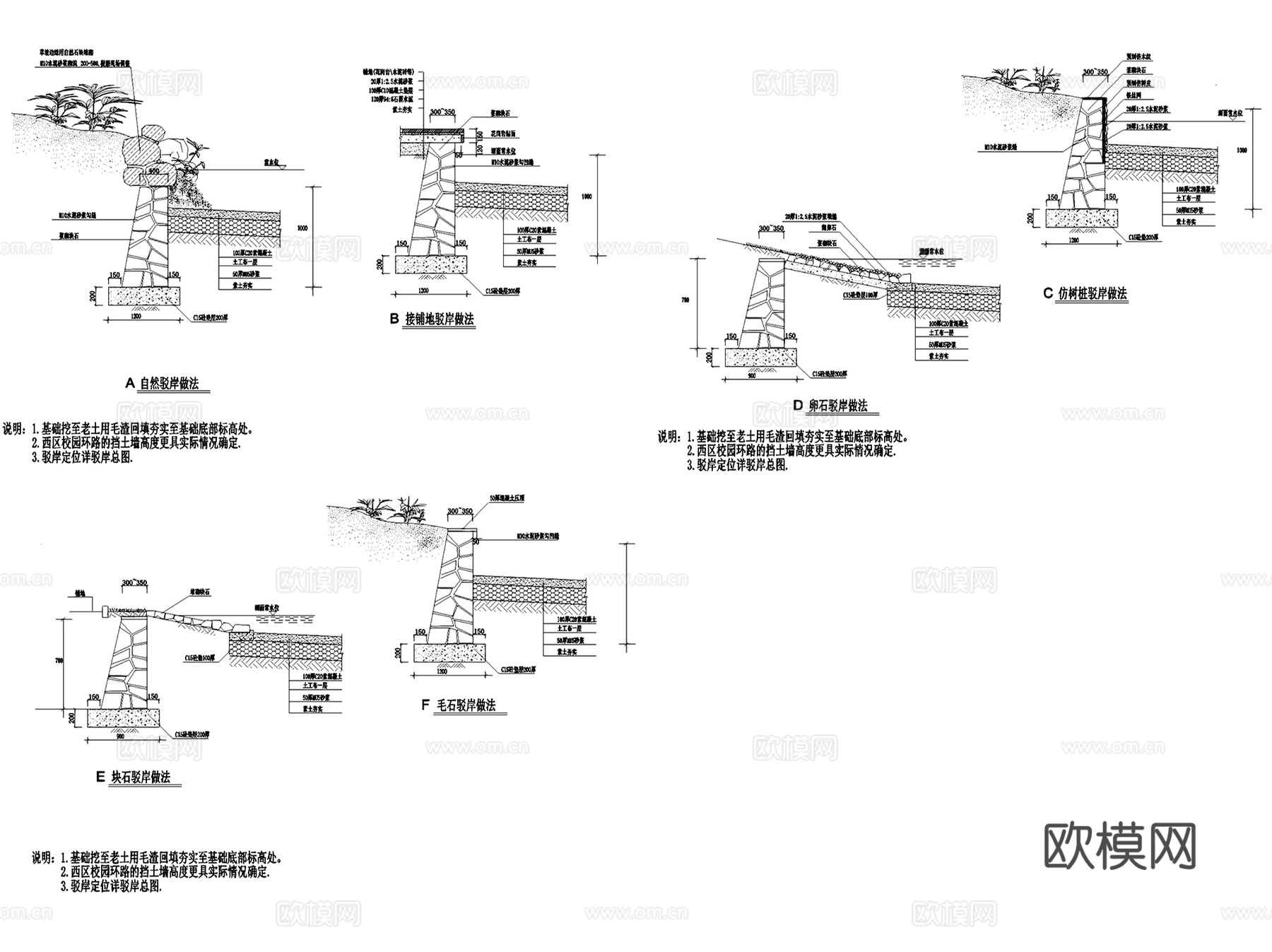 景观池沿驳岸排水沟护岸节点CAD施工详图集 18套cad施工图