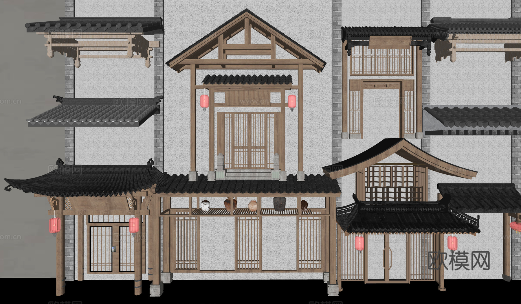 中式传统建筑构件 屋檐 门头 瓦su模型