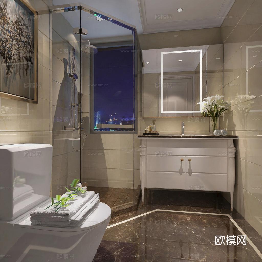 现代奢华浴室设计 高端装修3D渲染效果图 城市夜景玻璃隔断卫浴空间免费3d模型下载