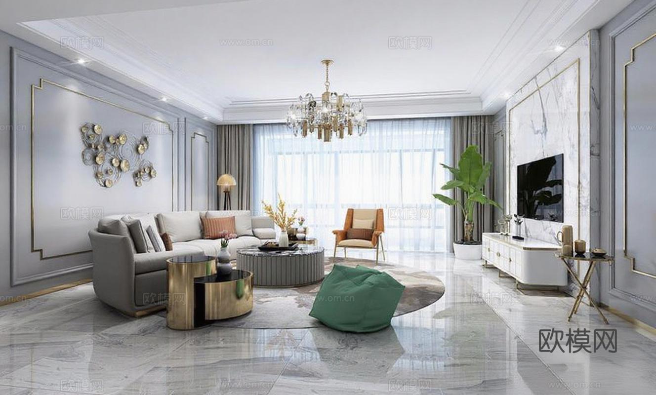 轻奢风格 现代客厅 3D渲染设计 高端家居装饰 大理石金属线条 水晶吊灯空间美学免费3d模型下载