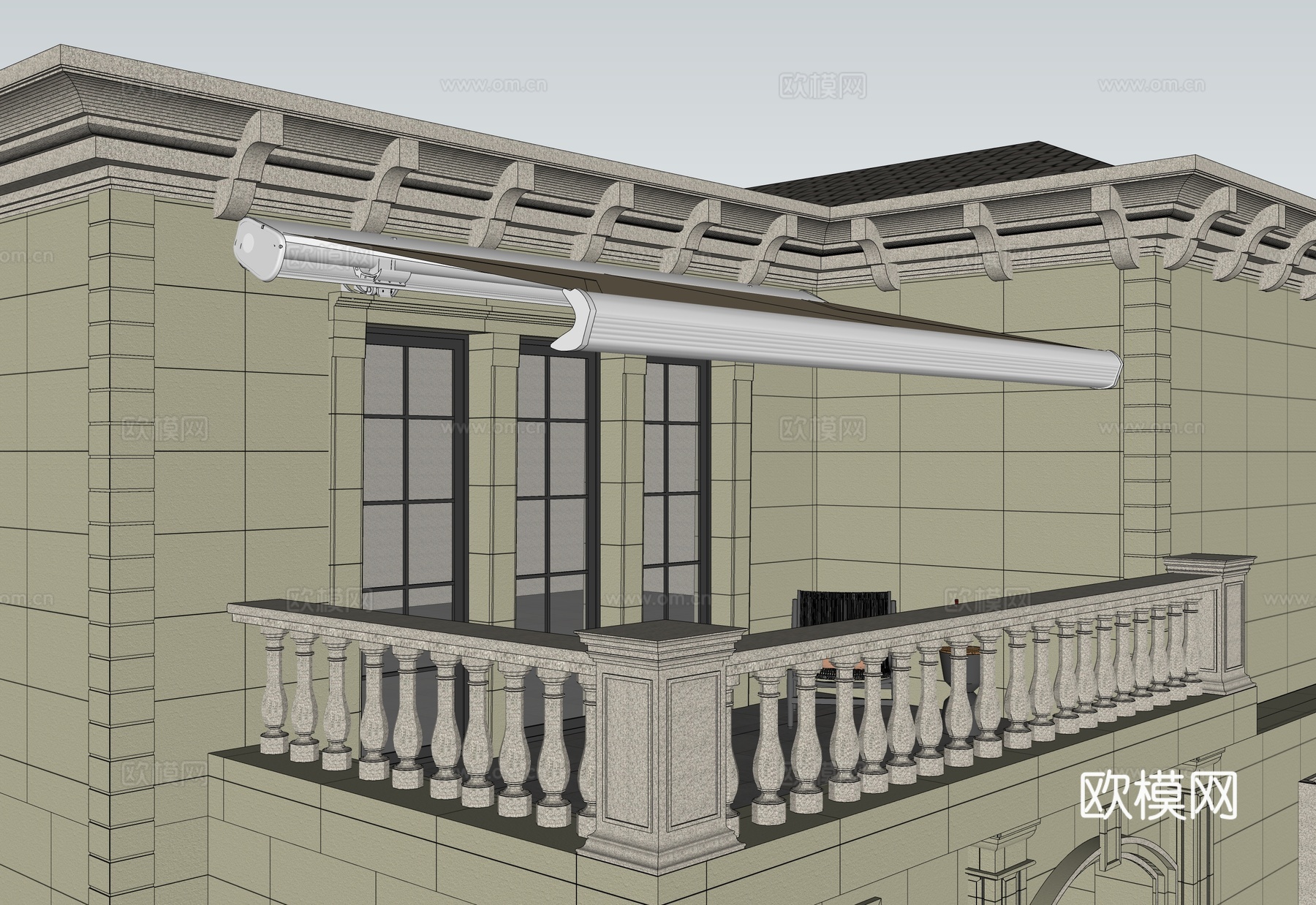 现代法式阳台 门窗电动智能遮阳棚 户外休闲椅 圆形茶几su模型
