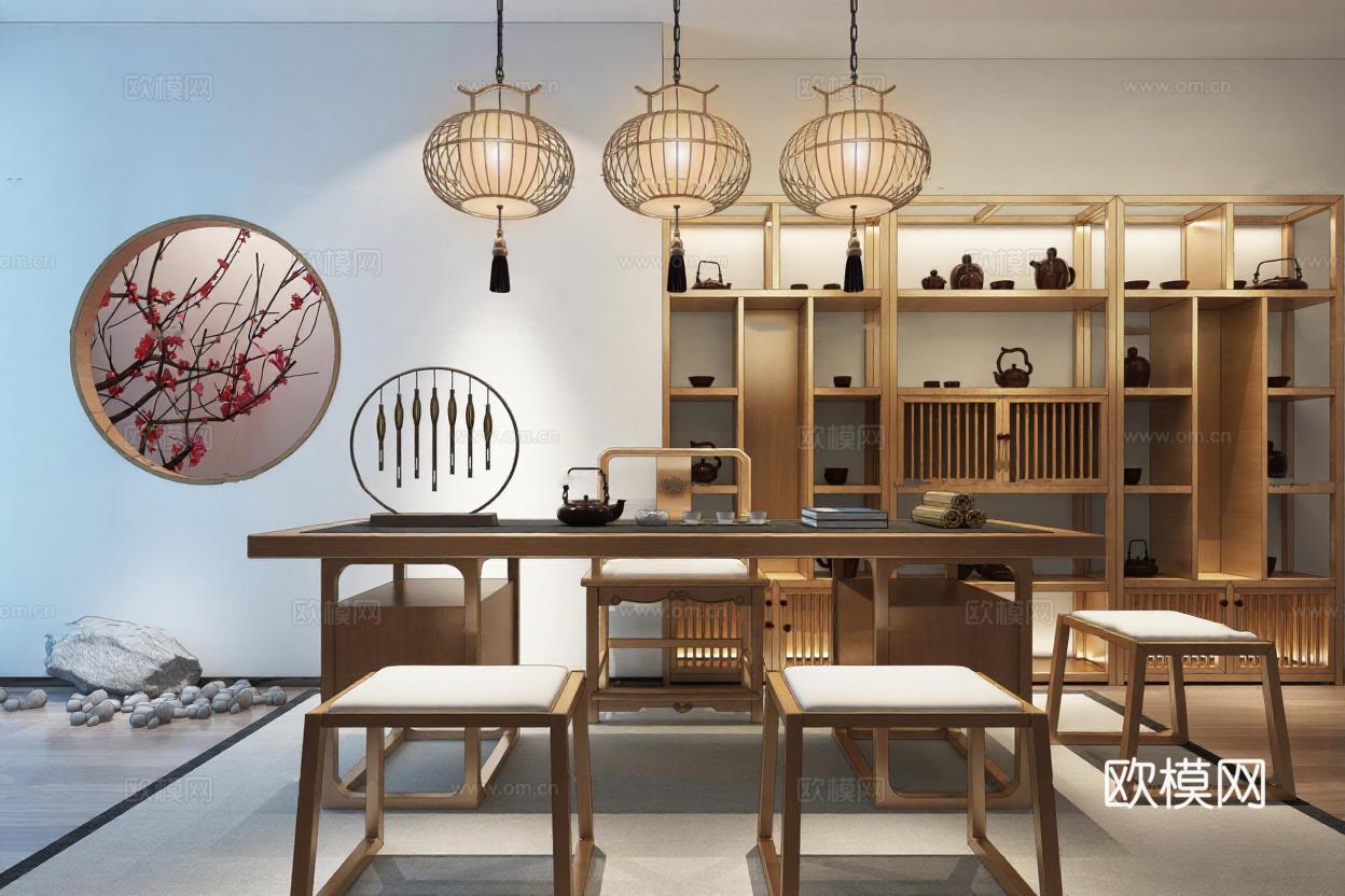 中式禅意茶室空间设计 木质家具雅致家居装饰方案 宁静书房会客厅布局灵感免费3d模型