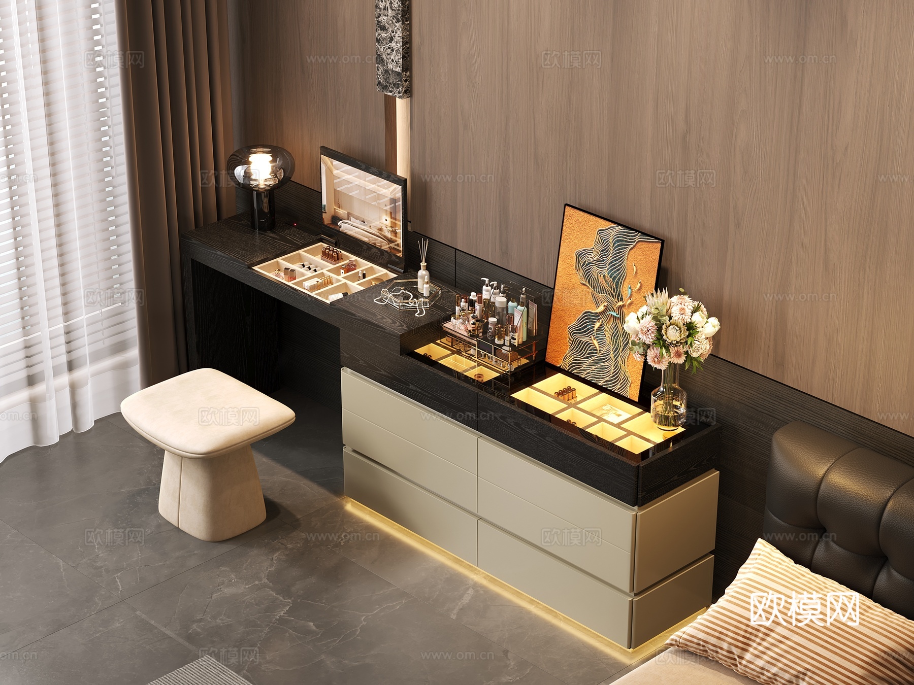 现代风格卧室 家具梳妆台 灯光齐全3d模型下载