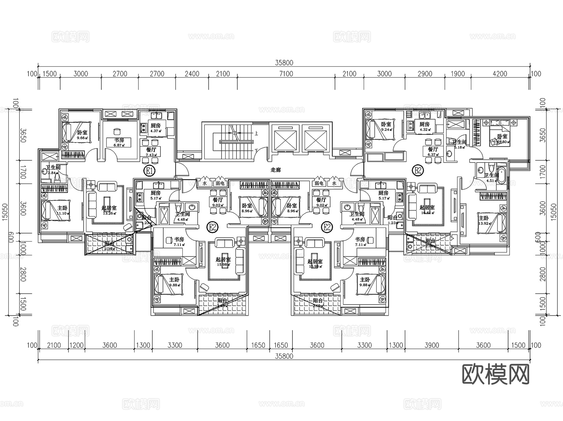 居住区住宅楼建筑户型平面图CAD施工图cad施工图