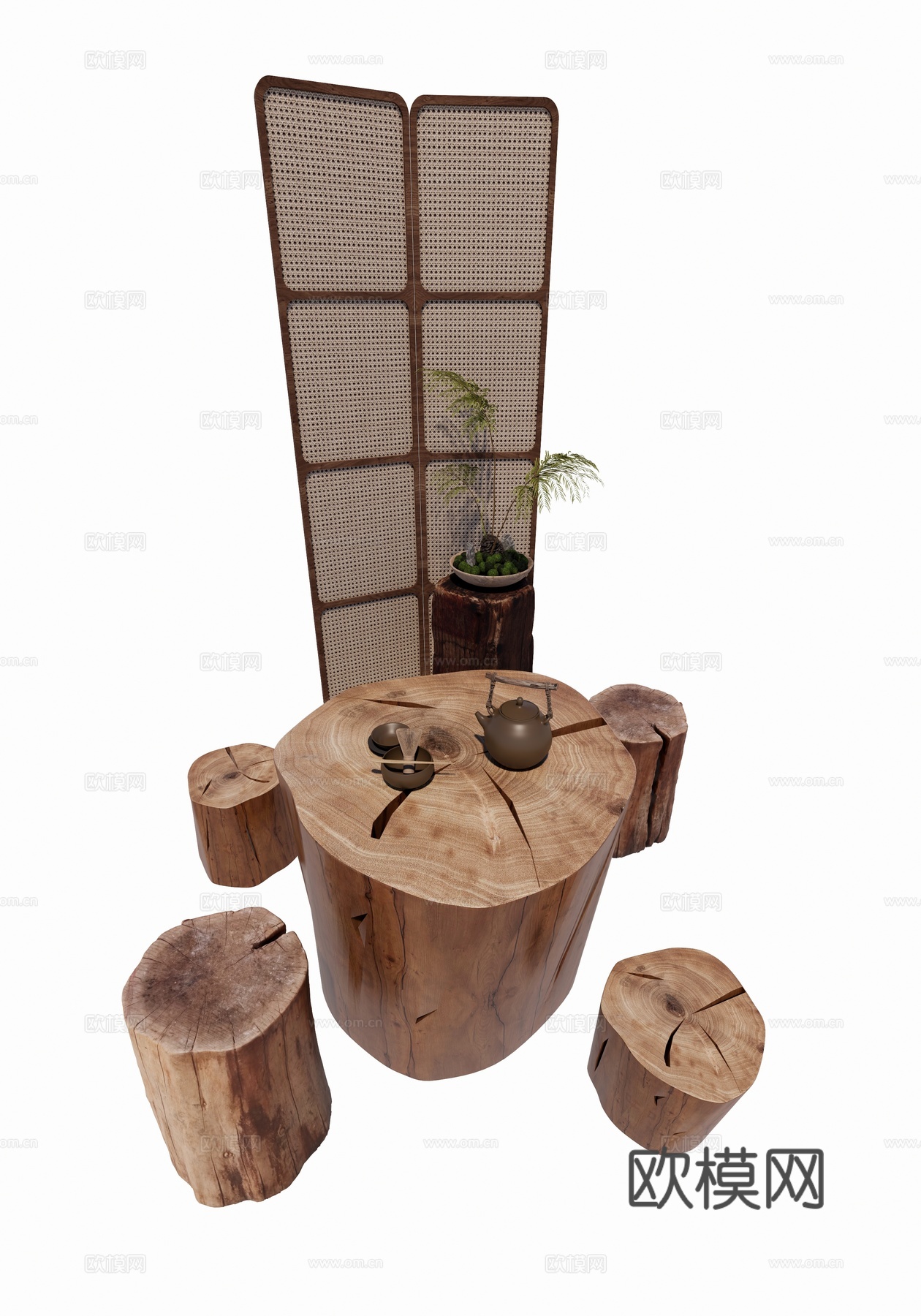 中式木桌椅 木凳 木墩 木制一桌四椅 树桩su模型