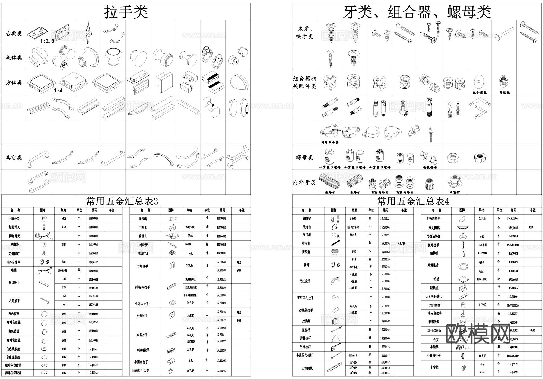 五金配件合页角铁拉手螺母组合器滑轨螺杆铰链螺丝图块图库cad施工图