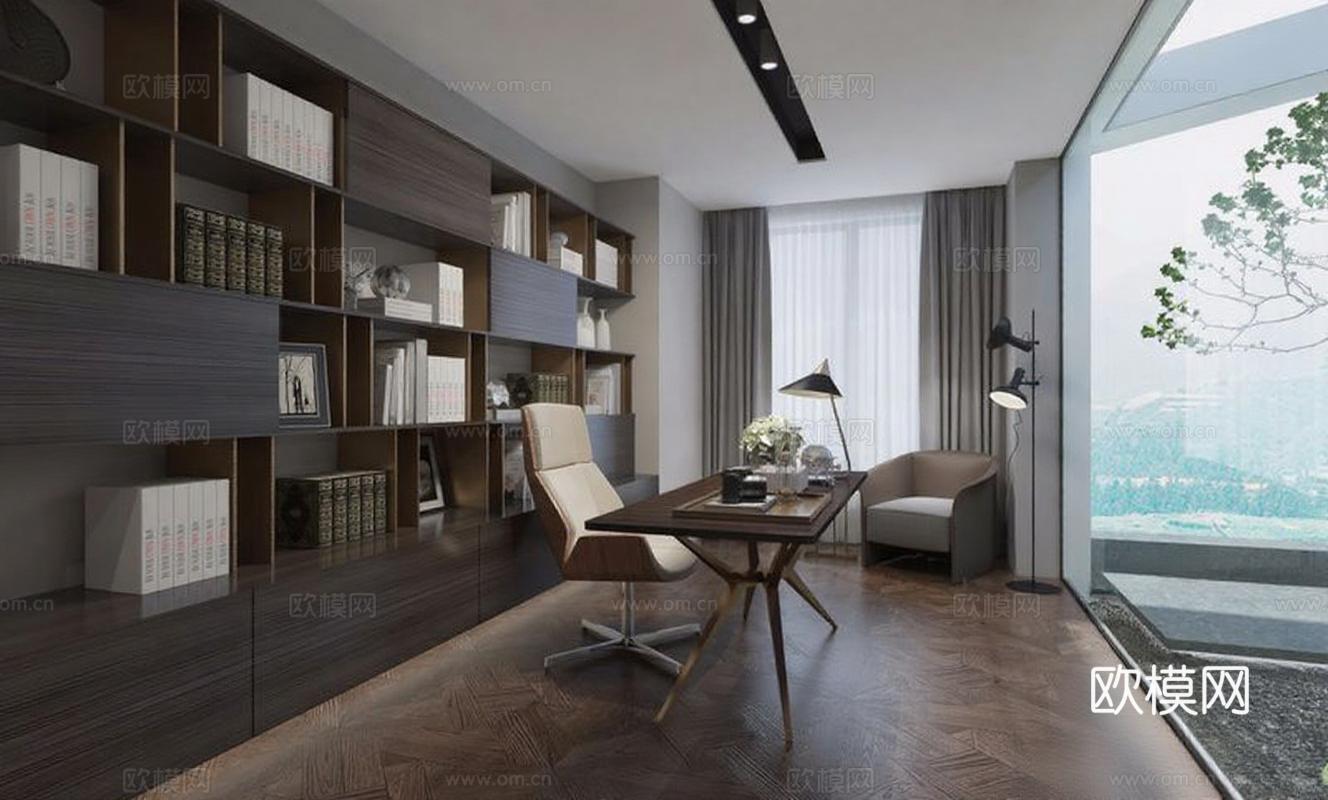 现代简约高端书房设计 实木书桌布艺扶手椅家居办公空间灵感免费3d模型下载