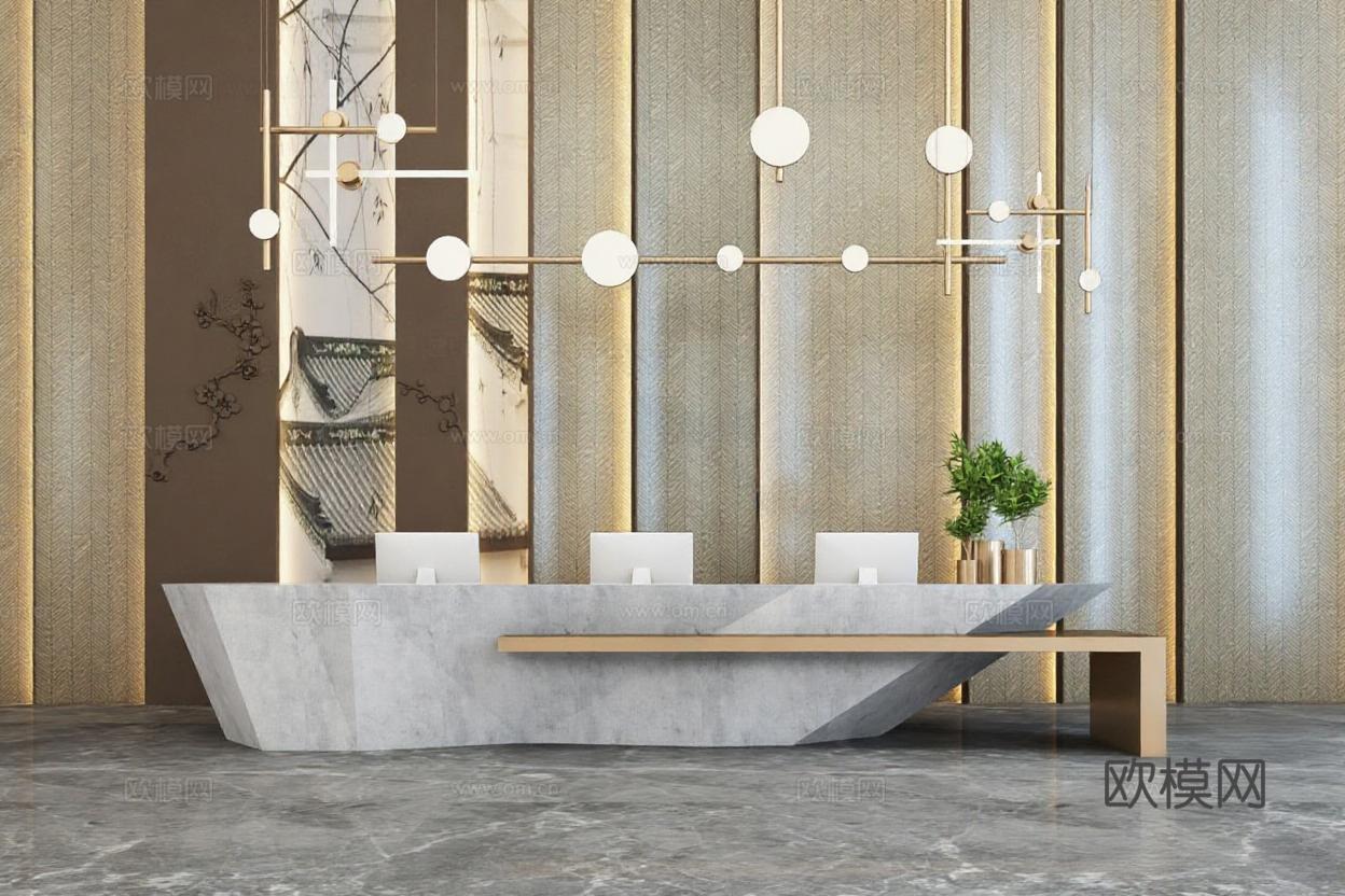高端接待区设计 现代商业空间3D渲染 大理石材质接待台效果图 新中式装饰元素应用免费3d模型