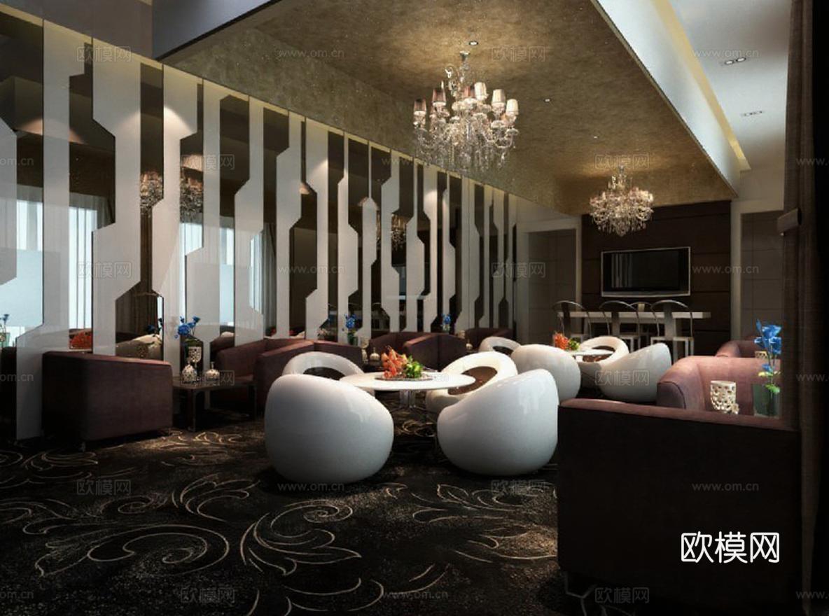 高端酒店大堂会客厅设计 现代奢华室内装修3D渲染图 深棕白调镜面水晶灯装饰免费3d模型