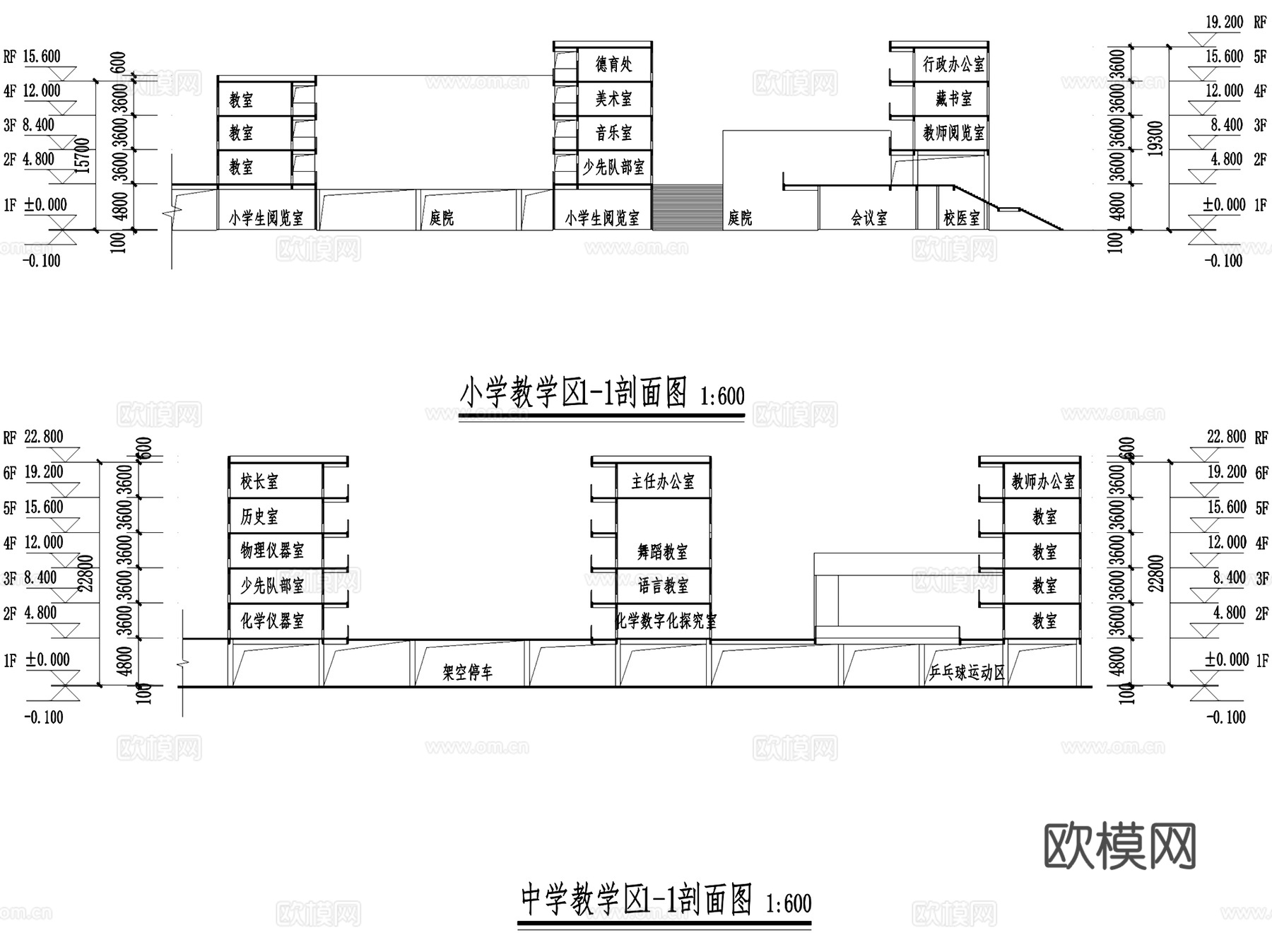 小学中学学校规划建筑平剖面CAD施工图cad施工图