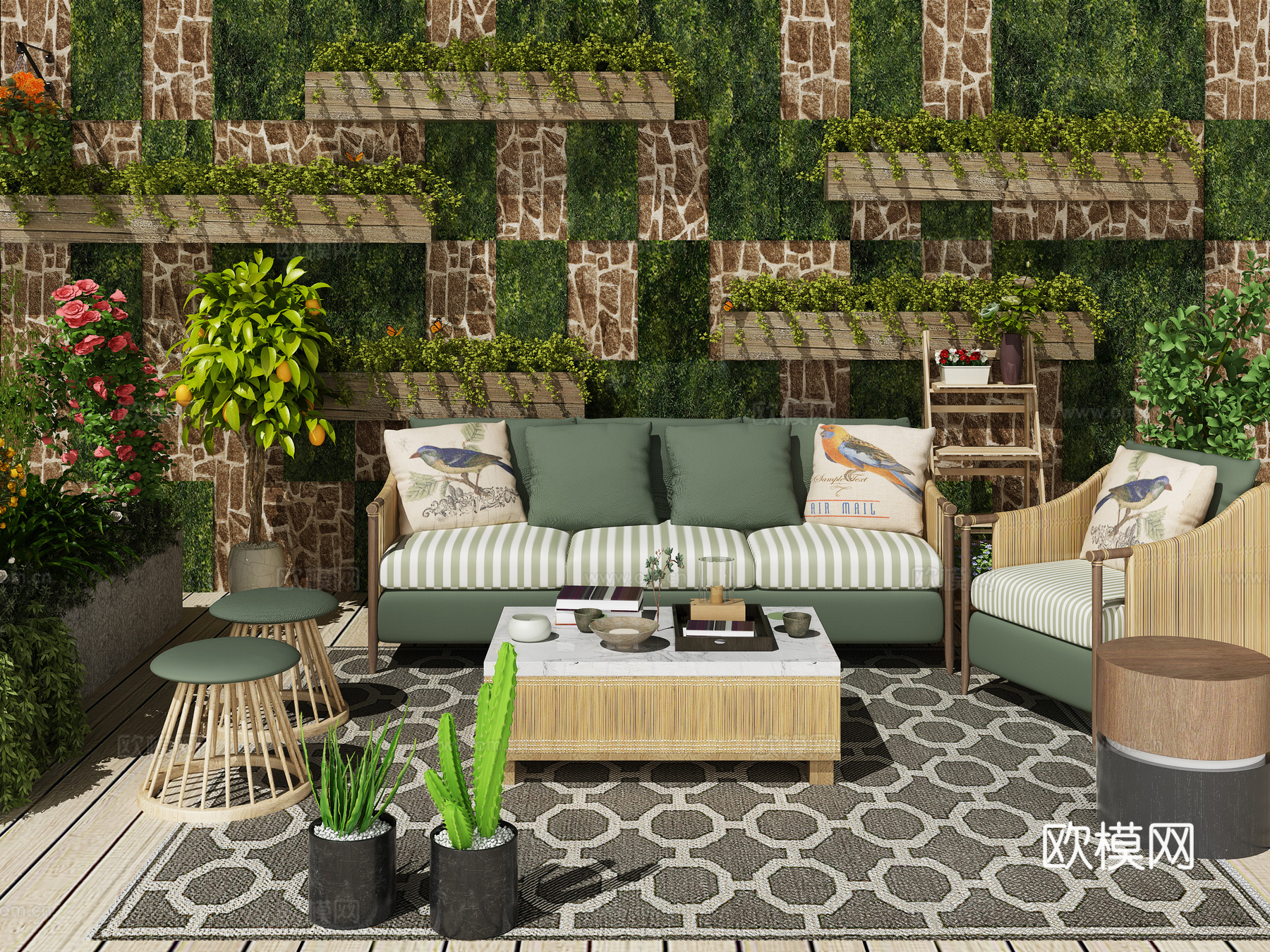 现代休闲沙发茶几组合3d模型下载（渲染图2）