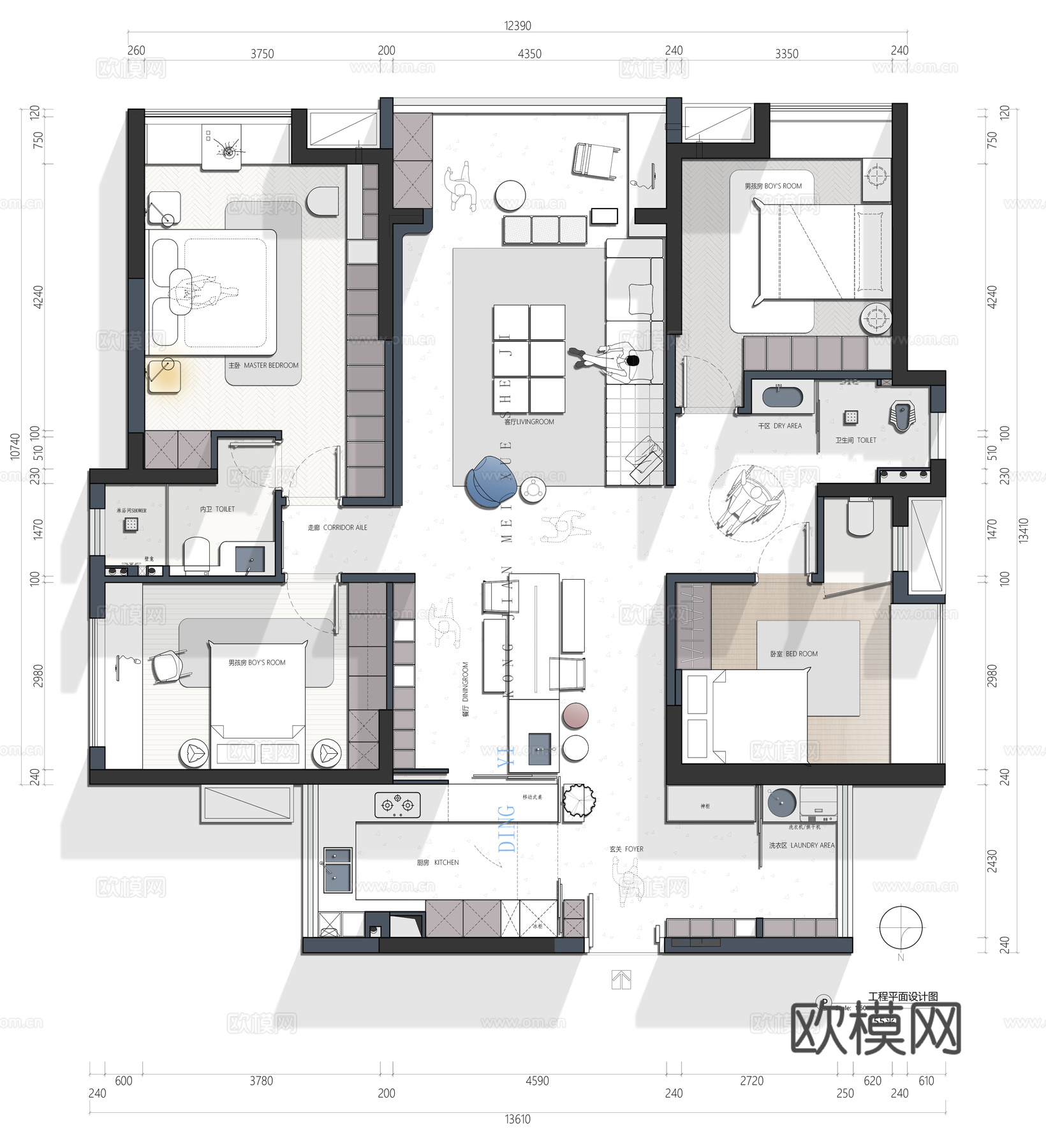 155平四叶草平户型面设计cad施工图cad施工图