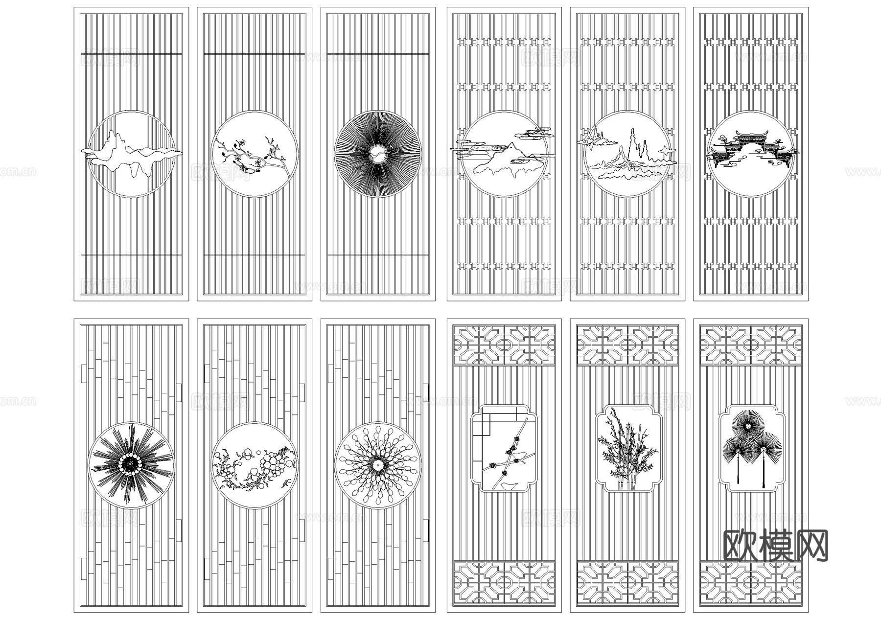 中式隔断格栅门窗雕花屏风图块图库CAD施工图cad施工图