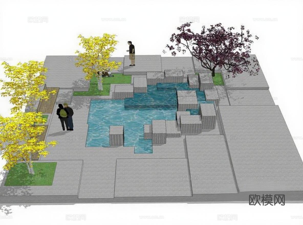 现代园林景观设计 3D模型渲染 混凝土平台水池 极简风格概念方案展示免费3d模型下载