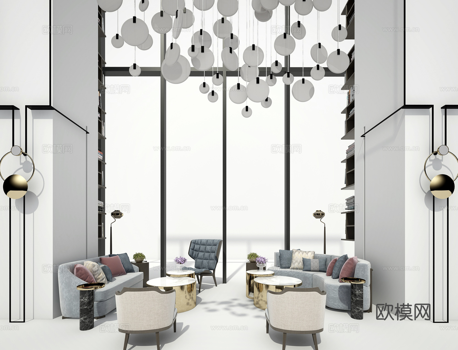 家具组合 客厅 接待处 多人沙发单椅台灯茶几边几落地灯3d模型下载（渲染图2）