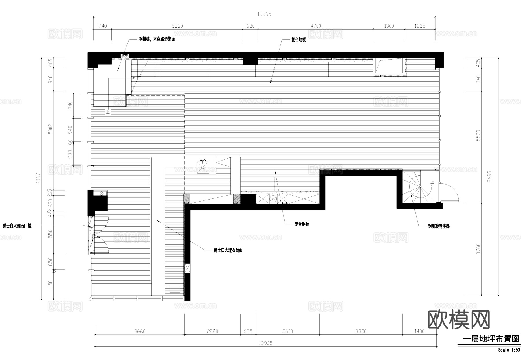 二层西餐厅室内工装CAD施工图cad施工图
