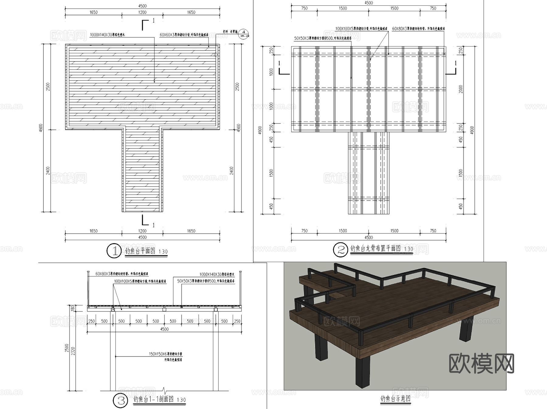 观景木平台亲水悬挑平台景观节点CAD施工图集 12套cad施工图