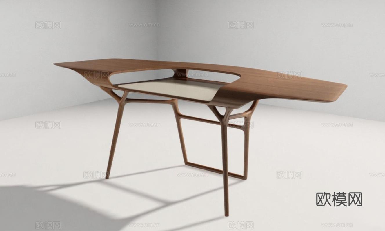 现代胡桃木书桌 流线型镂空设计 几何悬浮支架 3D渲染概念家具 室内设计效果图免费3d模型下载