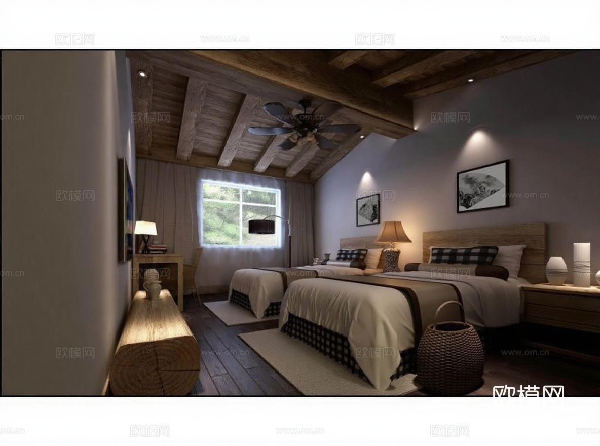 木质卧室设计 度假民宿空间 3D渲染效果图 温馨舒适装修方案免费3d模型
