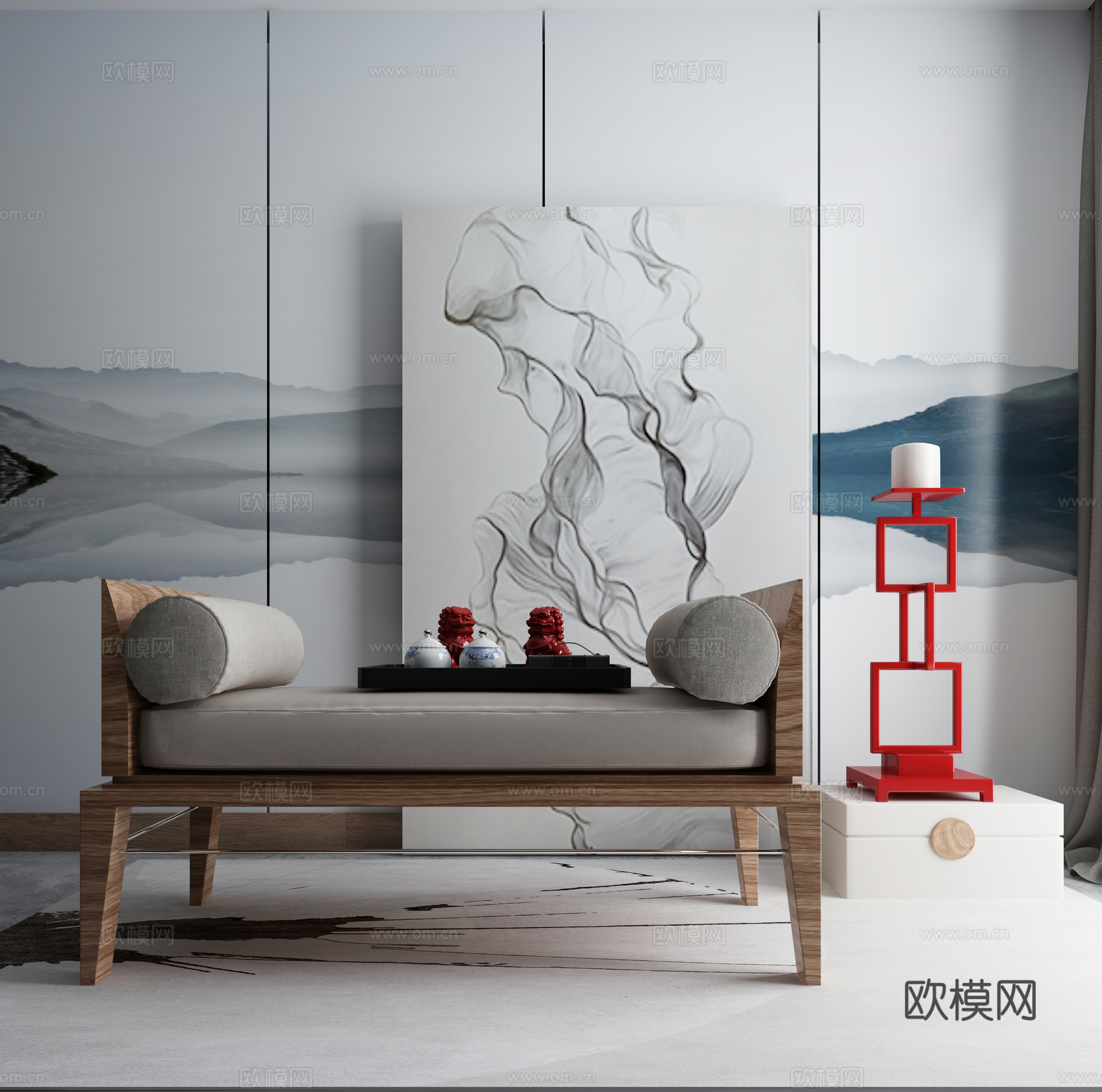 现代茶几沙发组合挂画 地毯 水墨画背景墙3d模型下载（渲染图1）