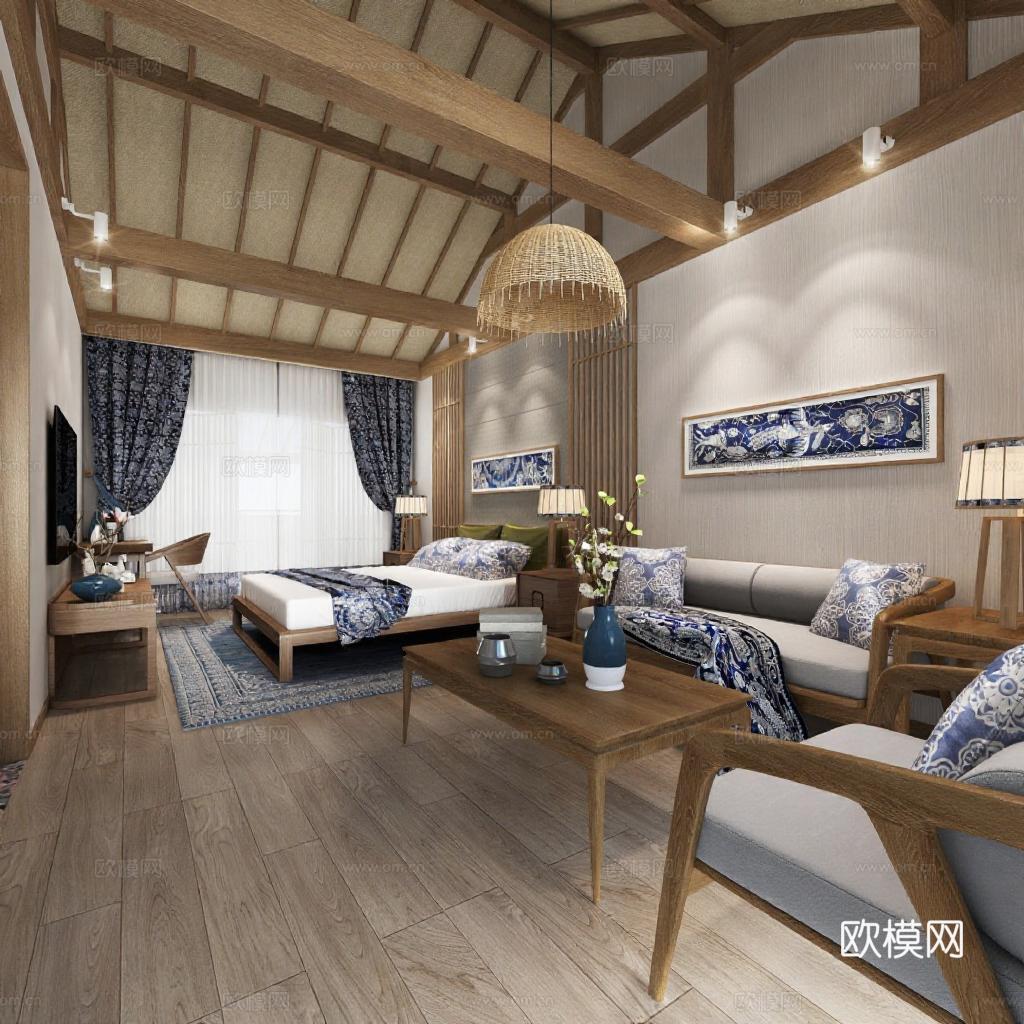 新中式日式度假风别墅卧室客厅设计 原木色东方美学家居3D渲染图免费3d模型