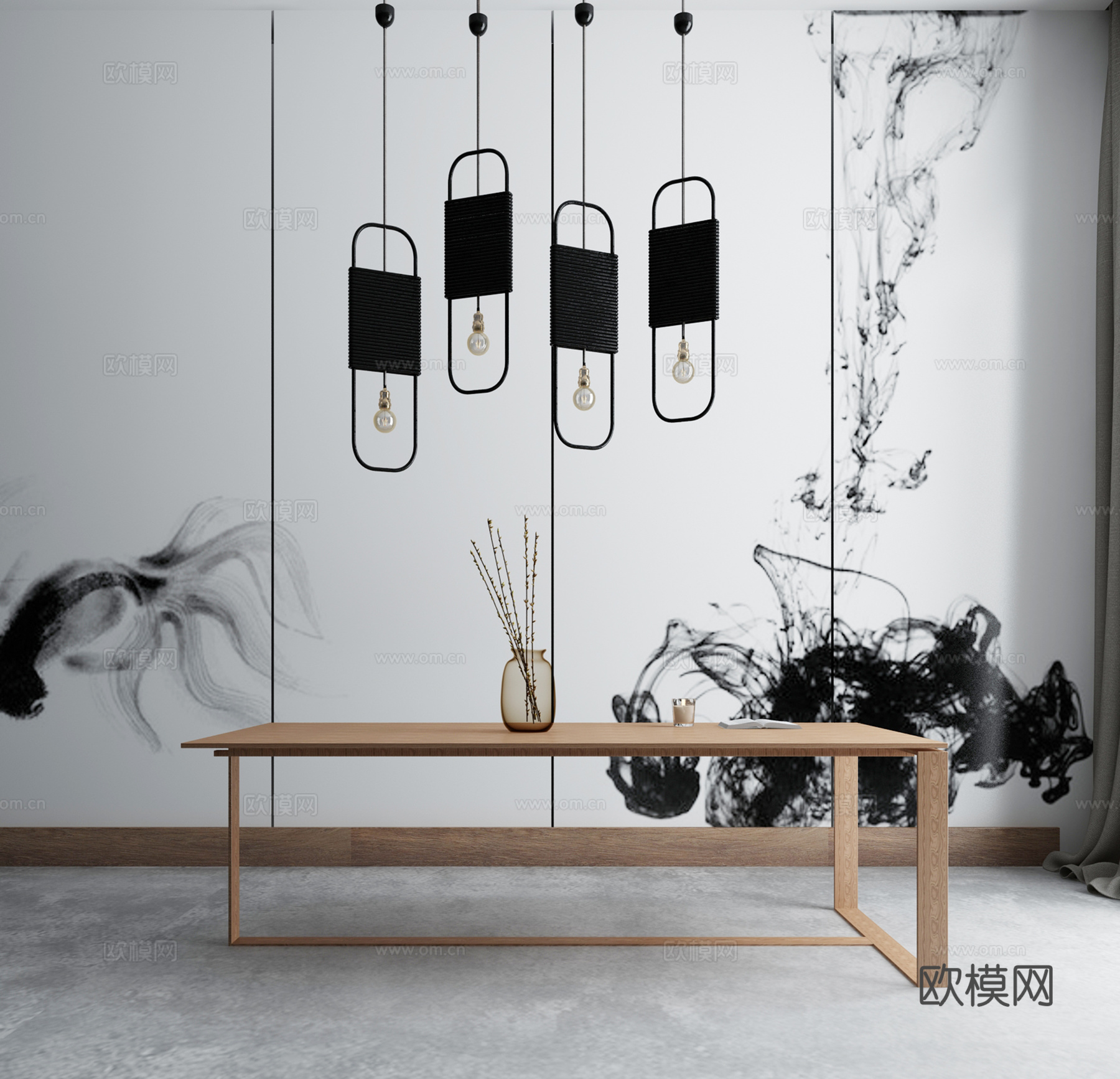 现代茶几沙发组合挂画 地毯 水墨画背景墙3d模型下载（渲染图1）