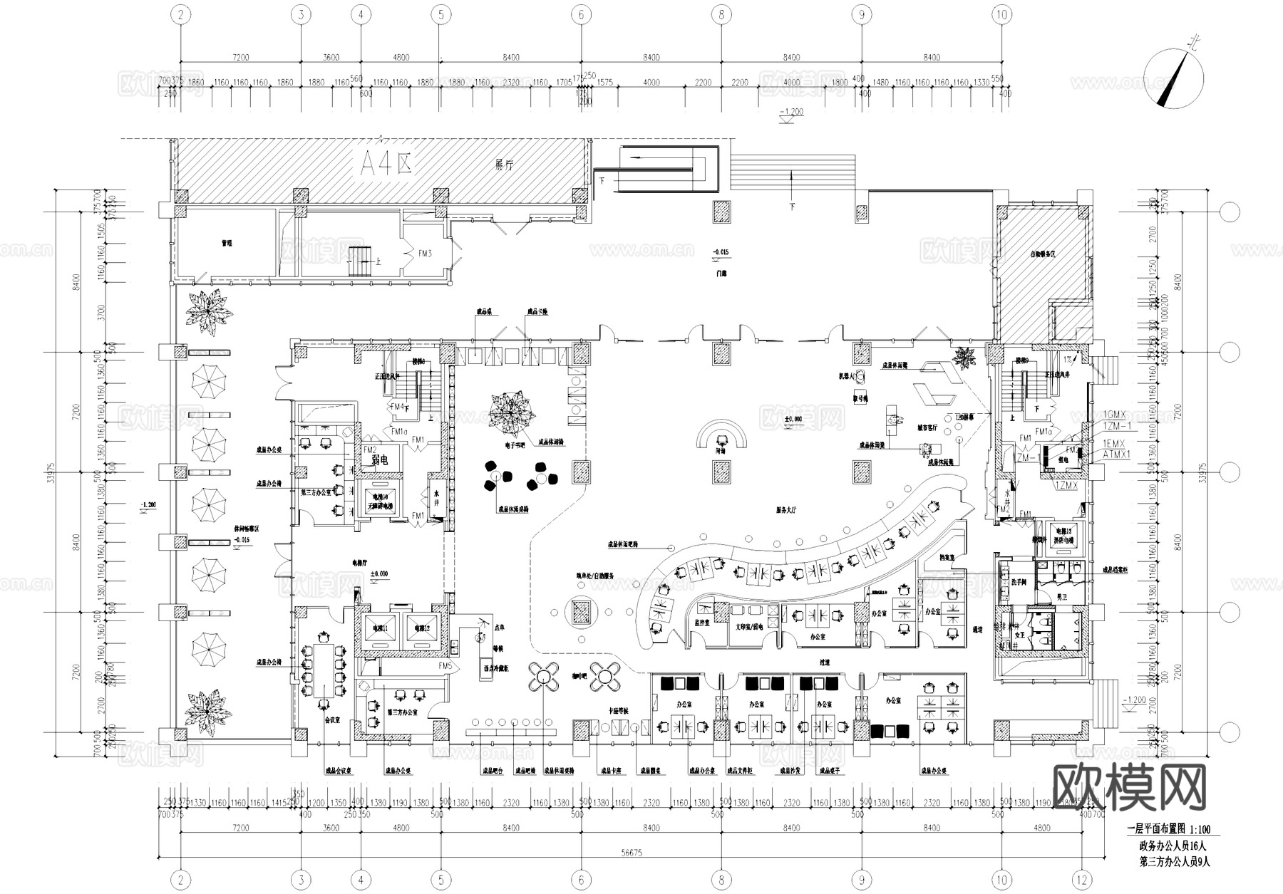 政务服务大厅办公室室内工装平面图CAD施工图cad施工图