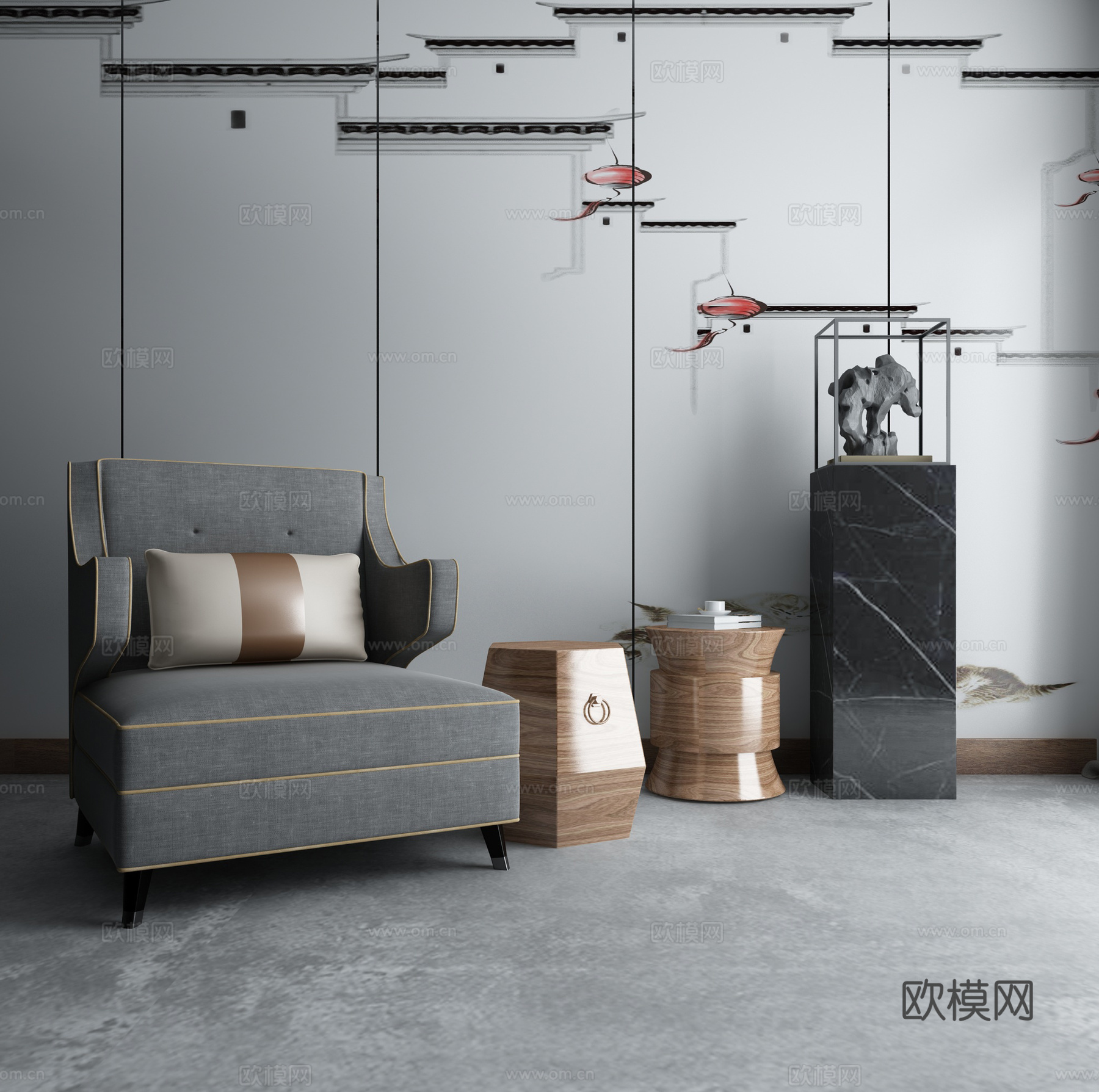 中式沙发茶几组合3d模型下载（渲染图1）