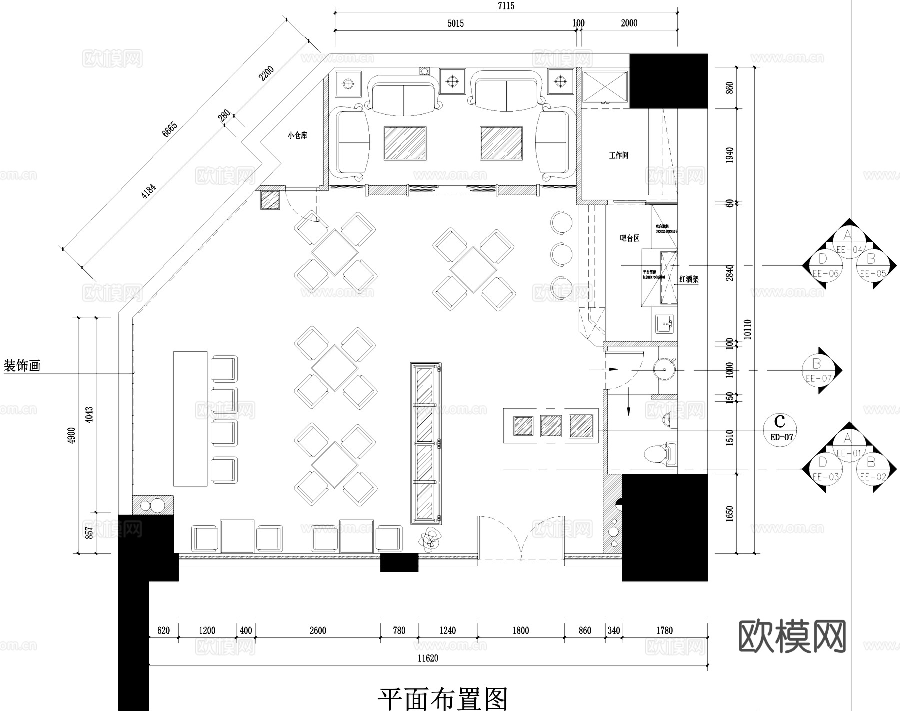 滨江东今博艺展咖啡厅室内工装CAD施工图cad施工图