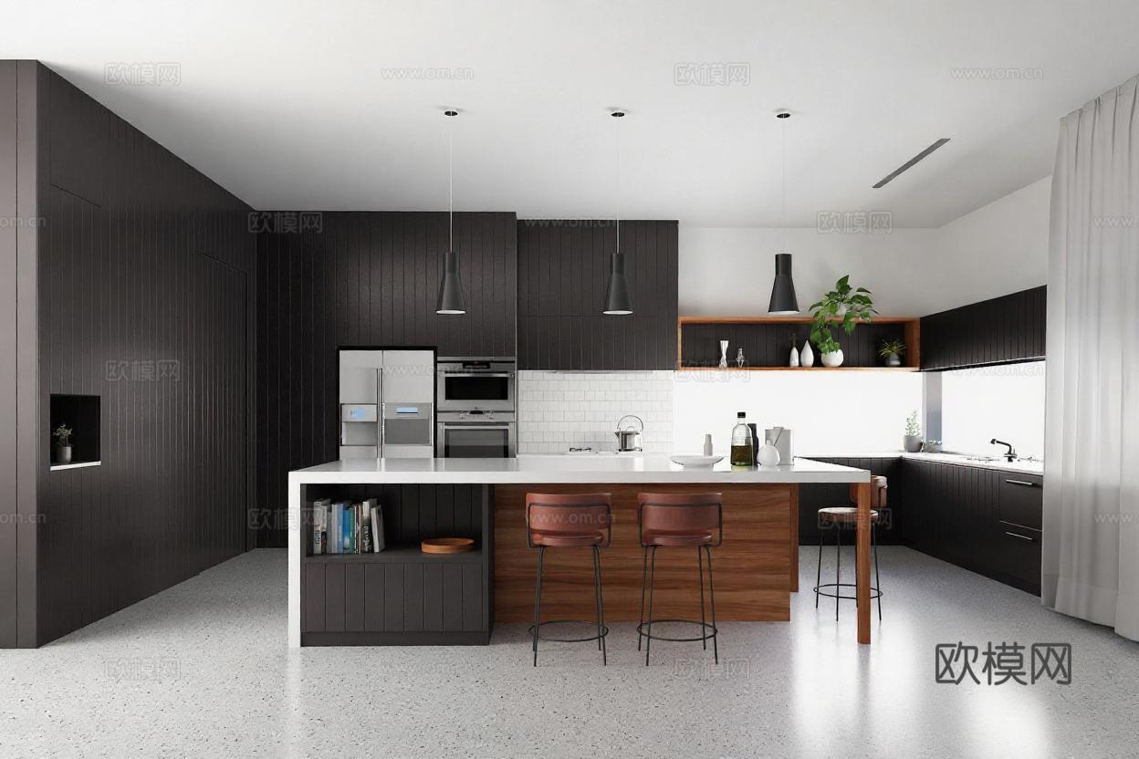 现代极简开放式厨房设计 黑白主调工业风吊灯 高端装修案例 室内3D渲染效果图 家居空间设计灵感免费3d模型下载
