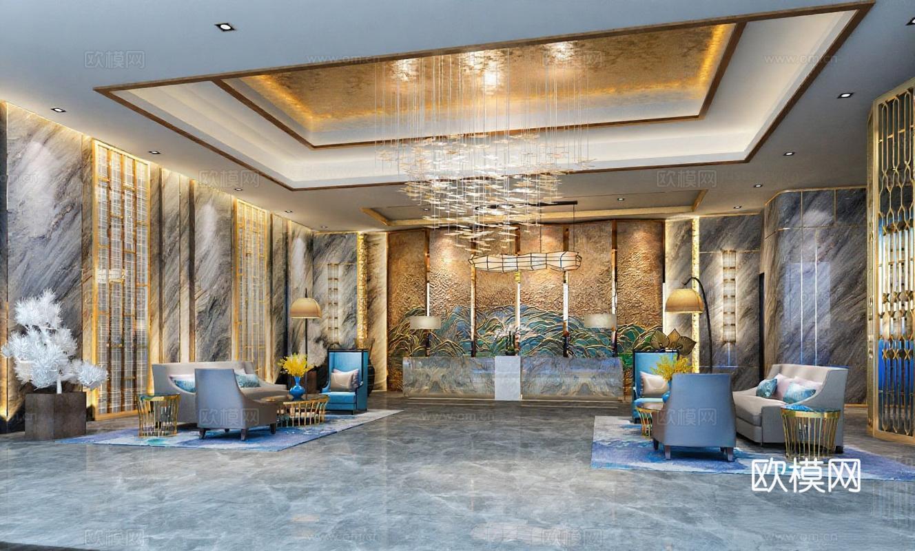 高端酒店大堂轻奢风3D渲染图 商业空间室内设计效果图 会所装饰艺术方案免费3d模型