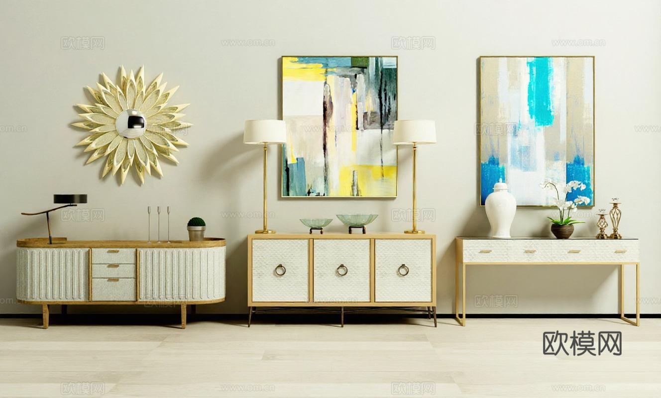 现代轻奢家居装饰设计 高端家具3D渲染艺术空间 对称布局抽象艺术摆件免费3d模型