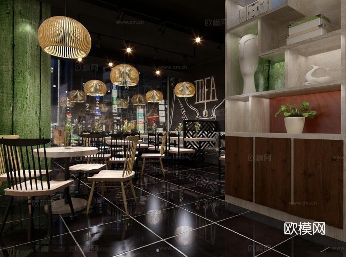 现代咖啡厅餐厅室内设计效果图 3D渲染商业空间案例 竹编吊灯开放式书架绿色背景墙免费3d模型