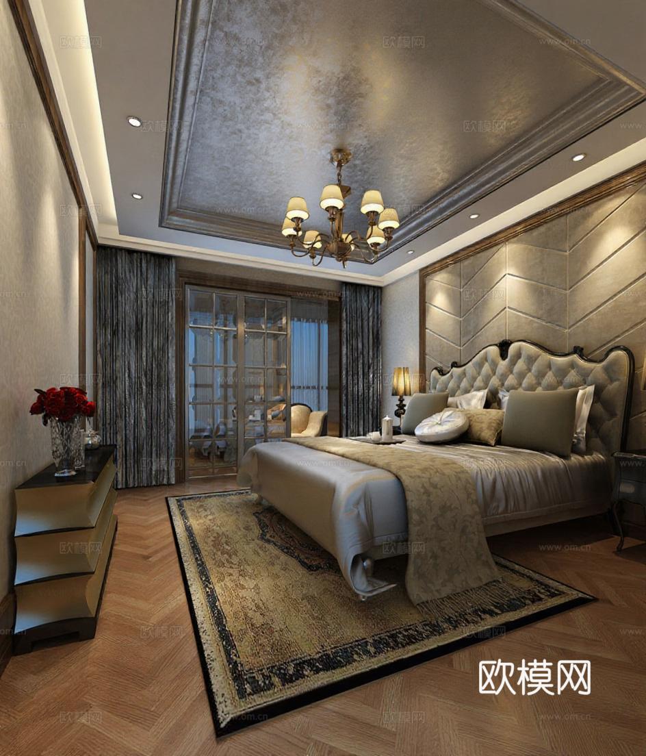 欧式豪华卧室室内设计 3D渲染效果图 高端住宅装修案例 复古花纹家居装饰免费3d模型下载