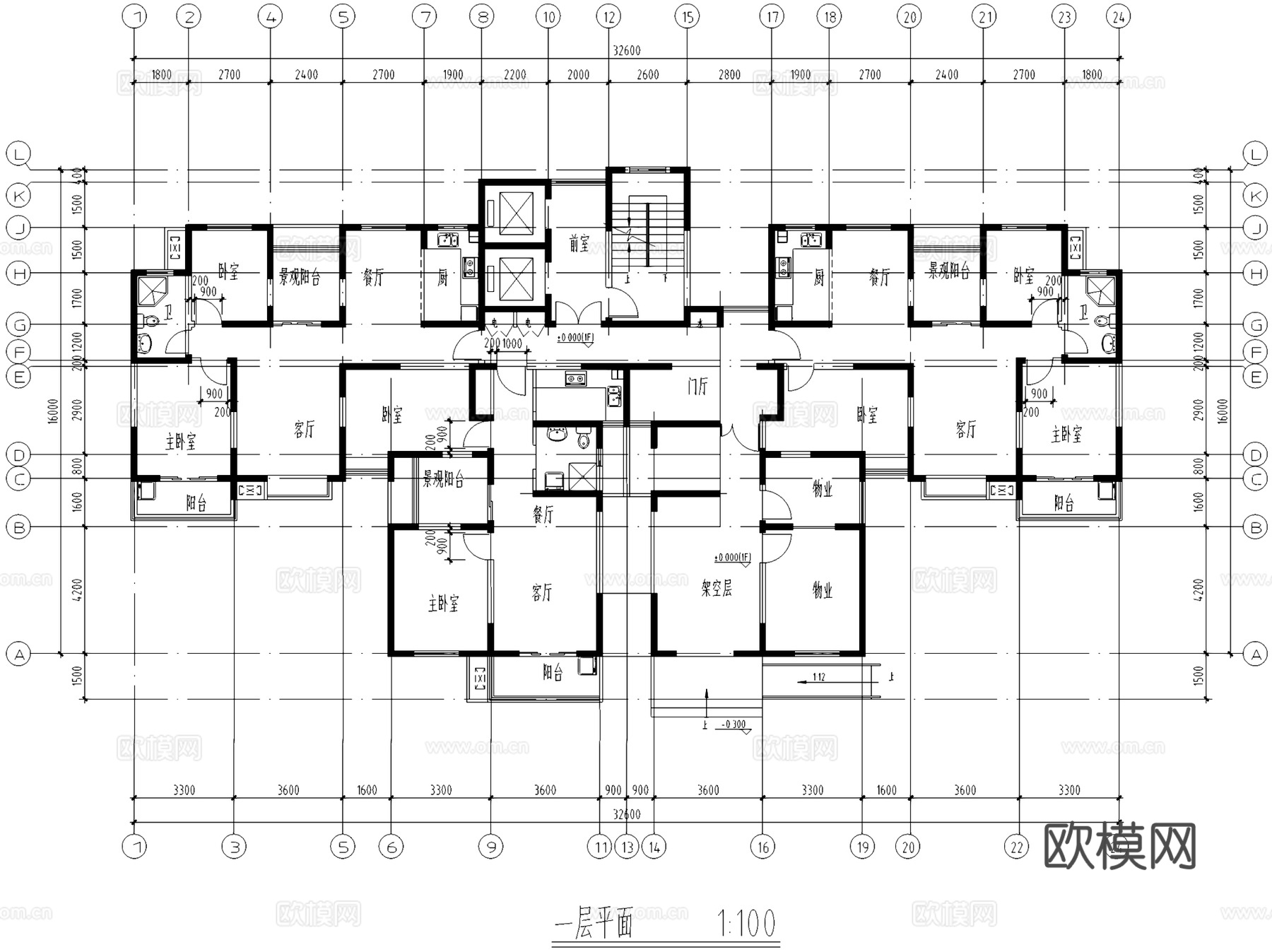 现代高层住宅楼建筑平面CAD施工图+SU模型cad施工图