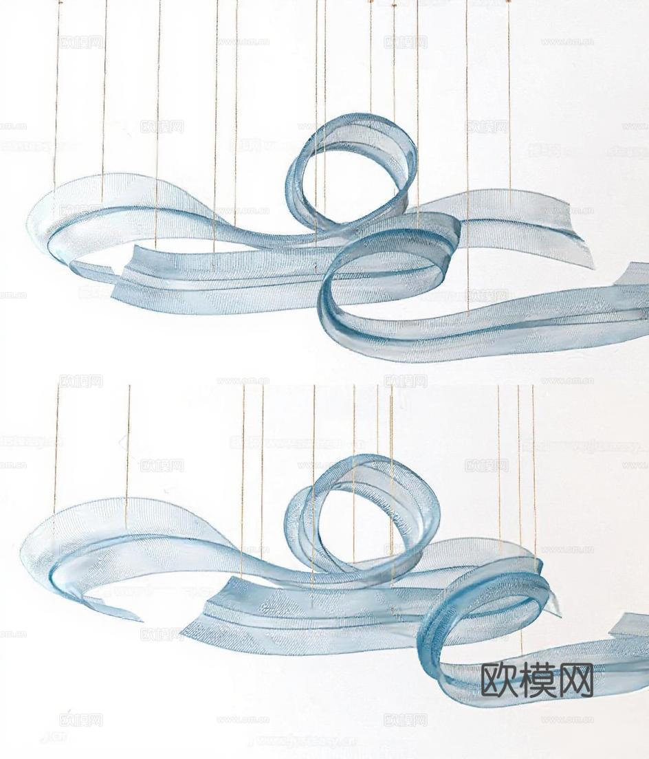 浅蓝色透明织物双层悬挂装置 现代极简波浪形艺术装饰 室内空间轻盈飘逸装置艺术免费3d模型下载