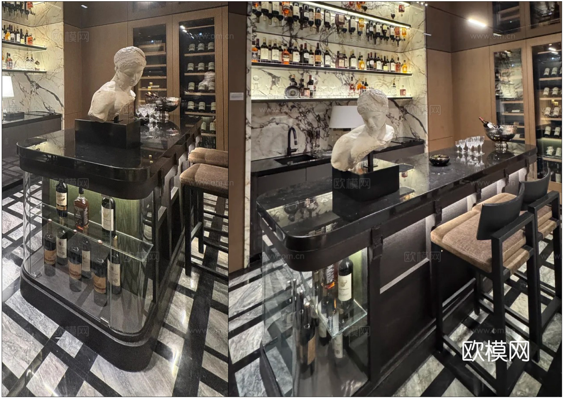 别墅品酒区水吧台、吧台玻璃柜节点、吧台内嵌红酒柜、复古轻奢吧cad施工图