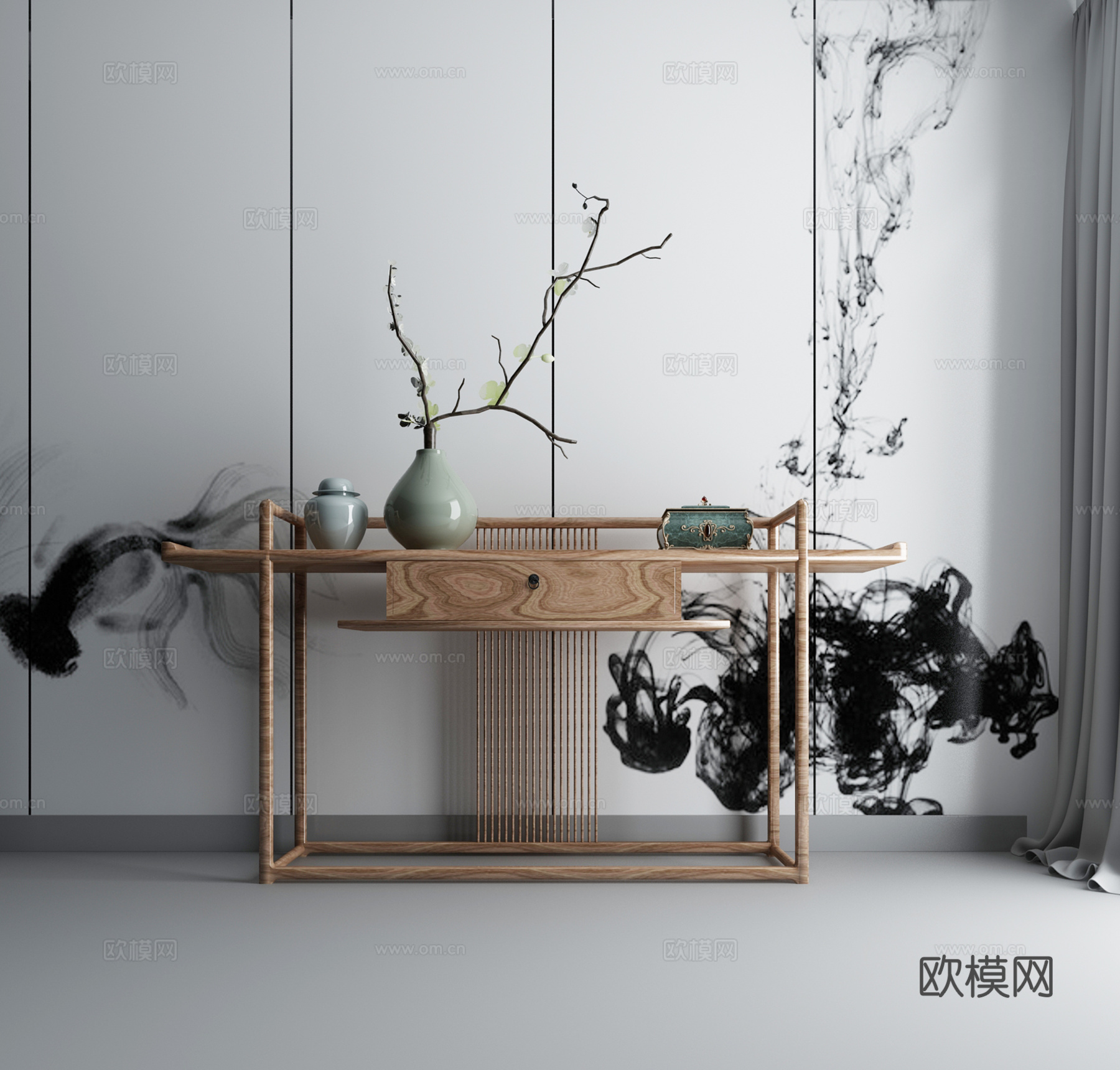 现代茶几沙发组合挂画 地毯 水墨画背景墙3d模型下载（渲染图1）