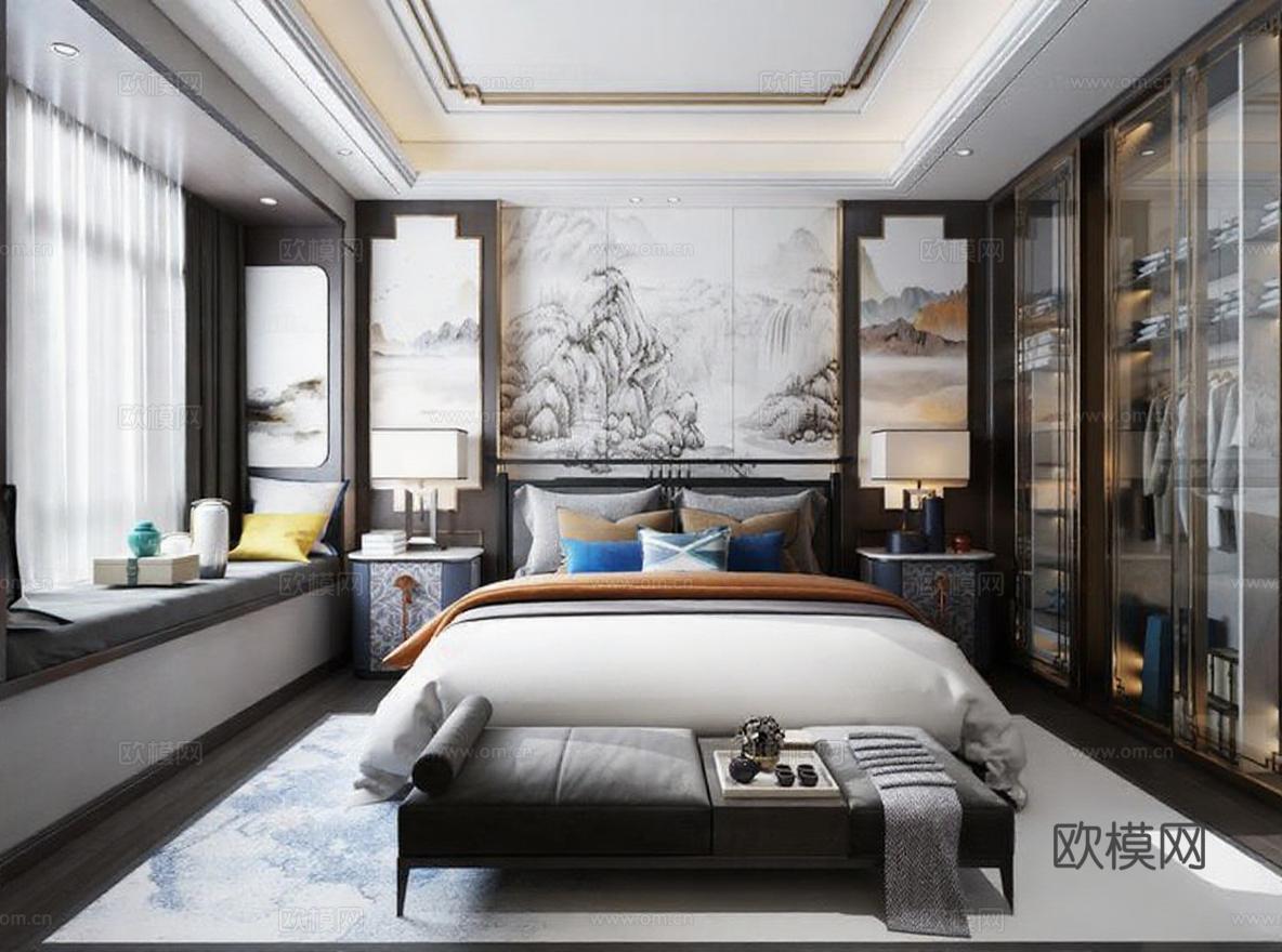 现代中式奢华卧室设计 3D渲染高端家装效果图 卧室装修装饰艺术灵感免费3d模型下载