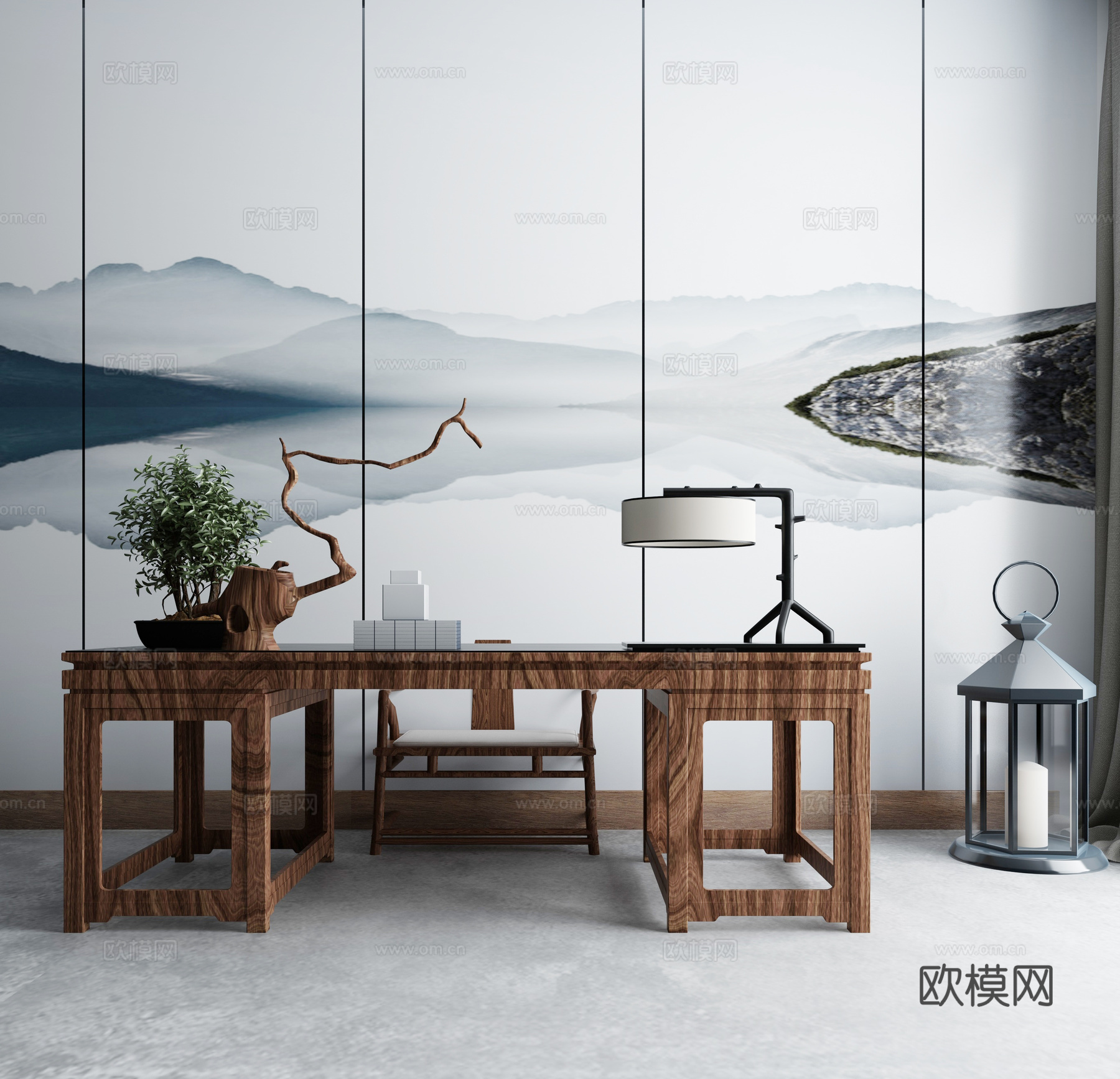 中式沙发茶几组合3d模型下载（渲染图1）