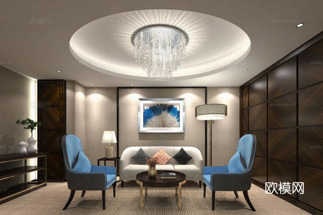 现代奢华客厅设计 高端装修3D渲染样板间 蓝色抽象装饰画对称空间布局免费3d模型