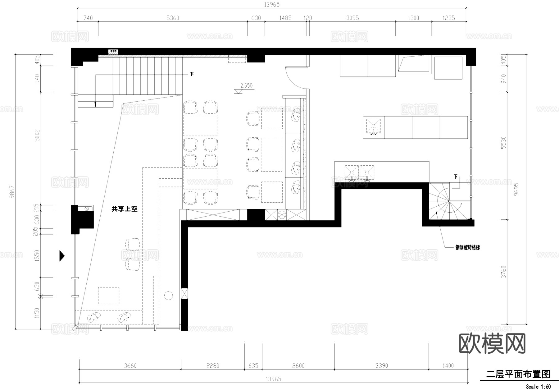 二层西餐厅室内工装CAD施工图cad施工图