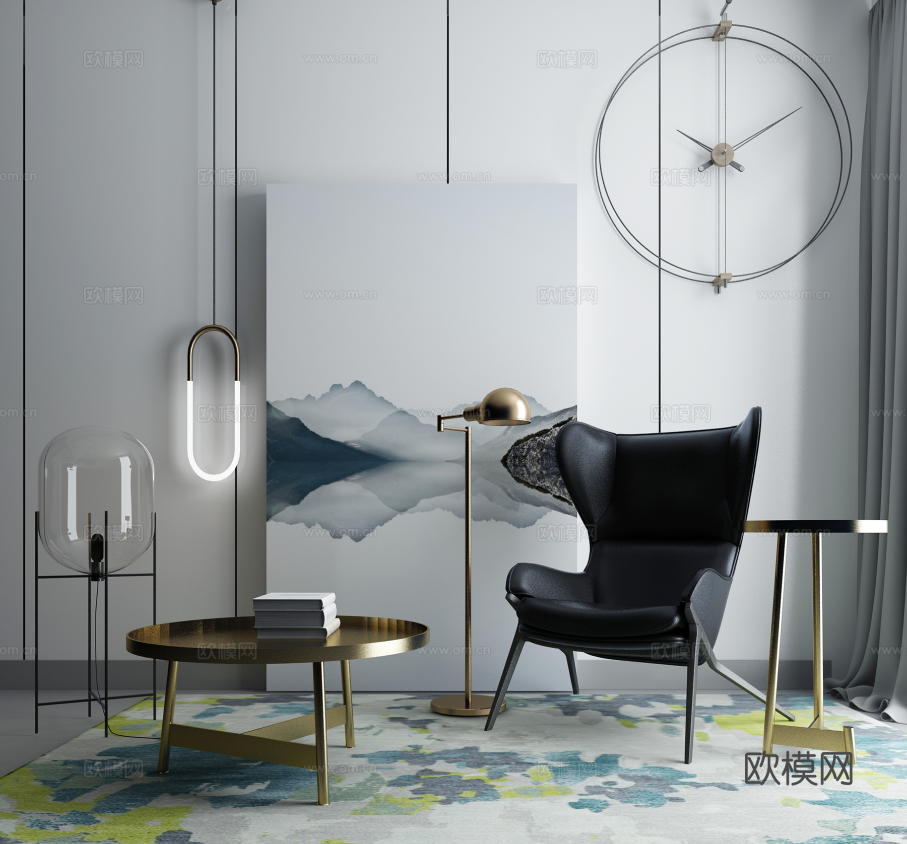 现代茶几沙发组合挂画 地毯 水墨画背景墙3d模型下载（渲染图1）