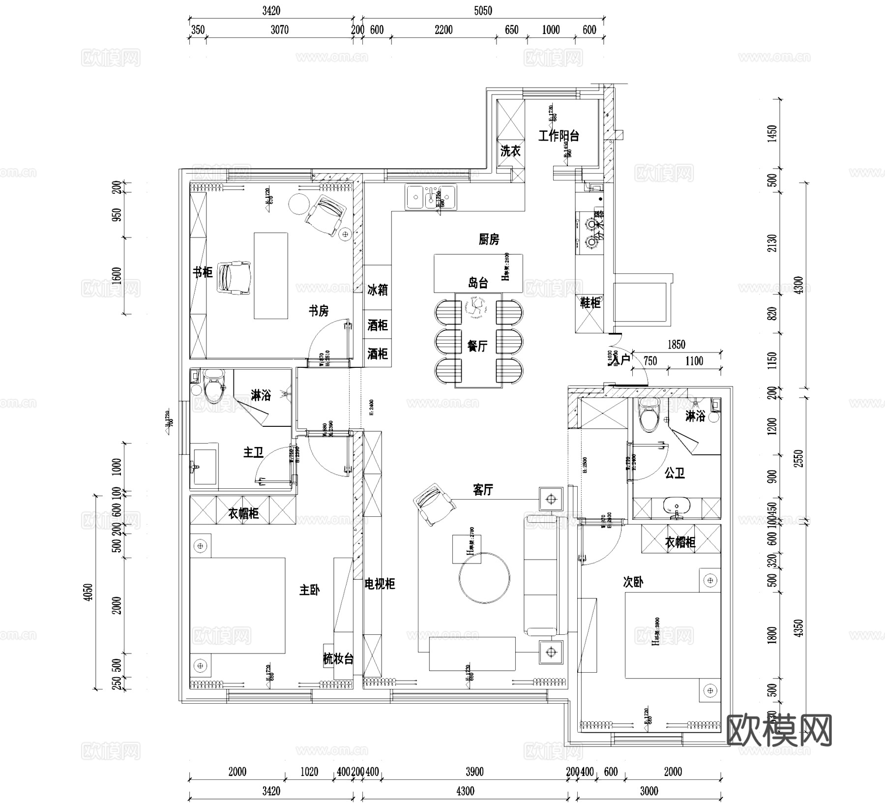 三室两厅两卫室内家装平面图cad施工图