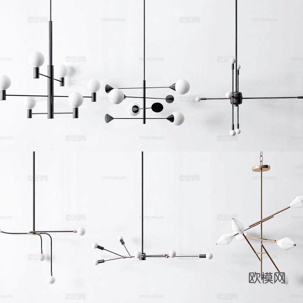 现代极简吊灯设计 几何造型灯具组合 工业风家居照明艺术免费3d模型