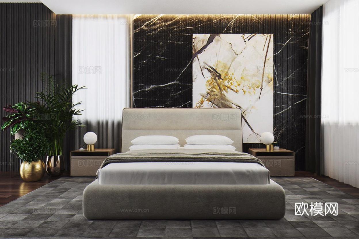 现代奢华卧室设计 高端家居3D渲染效果图 轻奢风室内装修方案 抽象艺术装饰背景墙免费3d模型