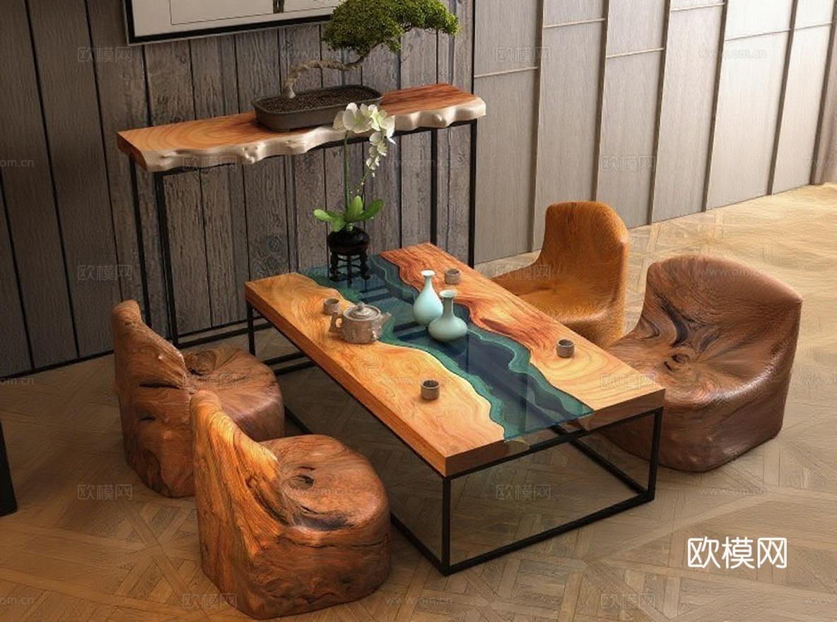 现代自然风实木茶室家具设计 树脂河流茶几客厅装饰 3D模型室内空间方案免费3d模型