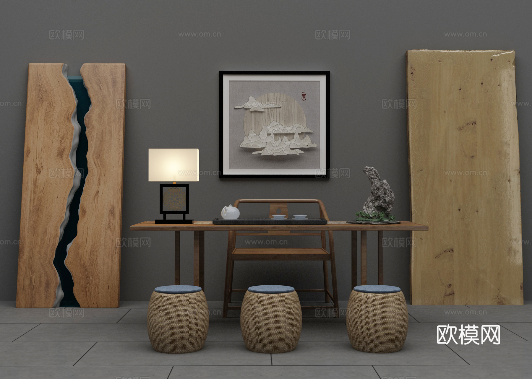 实木大板 新中式茶室 茶台组合3d模型下载（渲染图2）