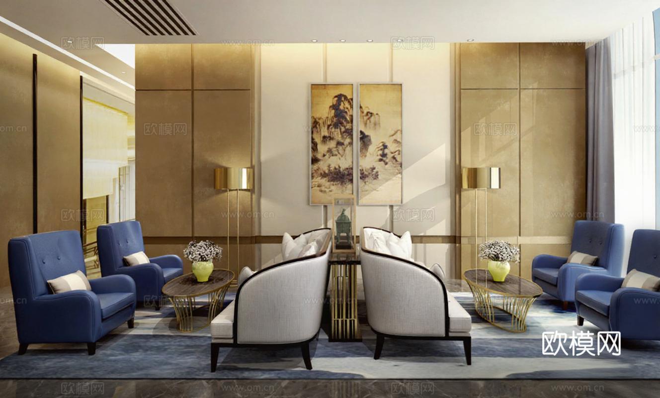 豪华现代中式会客区设计 高端酒店大堂轻奢装修方案 3D渲染典雅山水装饰效果图 布艺沙发与金属框架材质搭配免费3d模型